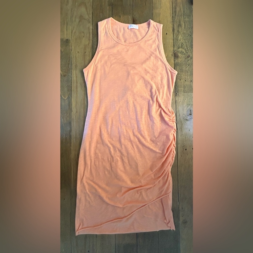 PINK LILY Sleeveless peach Dress with rouching on the side lined - Picture 2 of 10